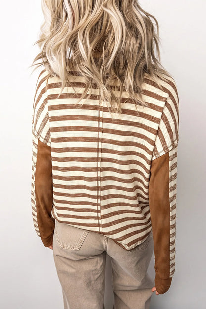 Brown Stripe Textured Knit Color Block Trim Long Sleeve Round Neck Top