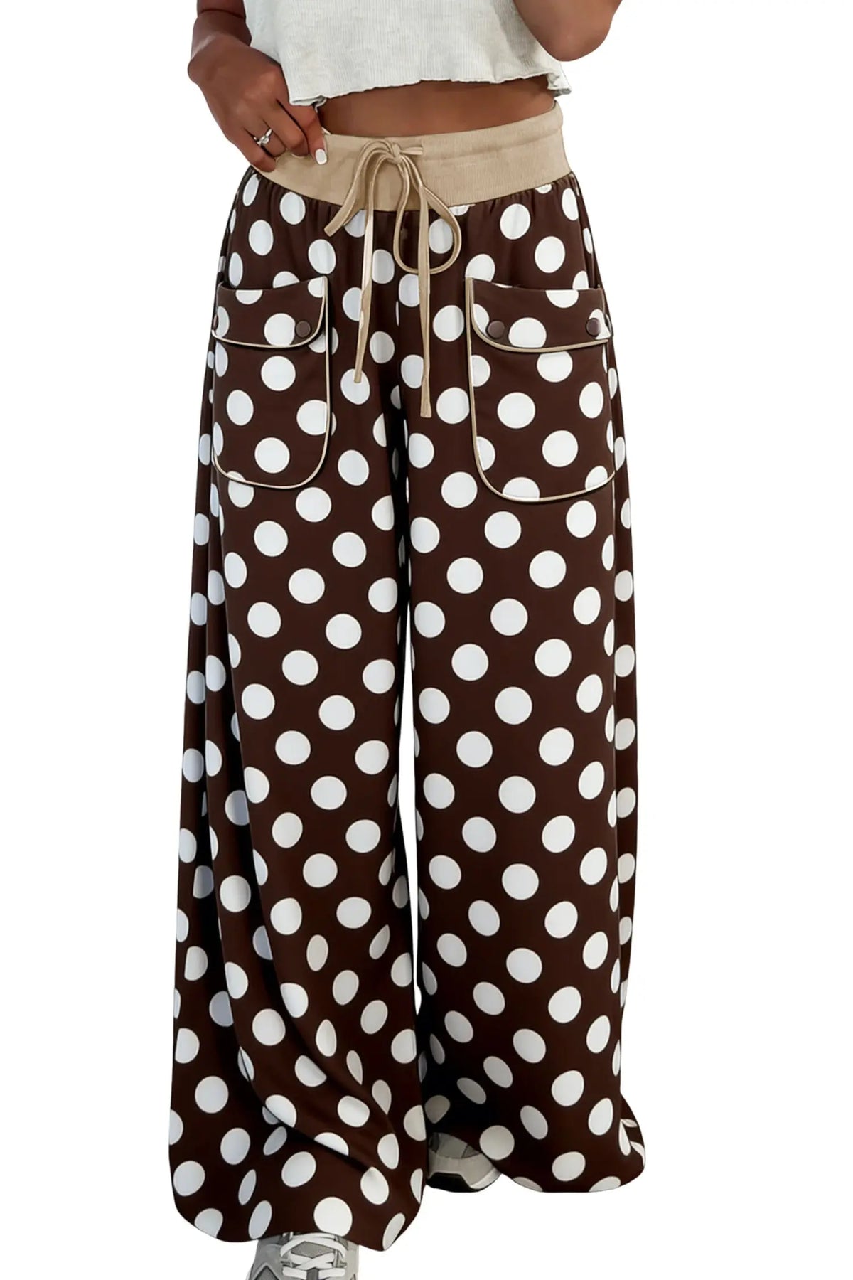 Brown Polka Dot Drawstring Pocket Wide Leg Pants model front view · nz-alt-v1