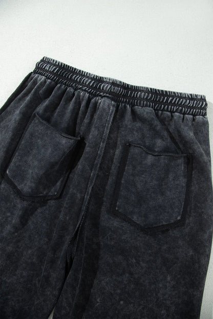 Black Mineral Wash Raw Seam Drawstring Elastic Waist Barrel Pants