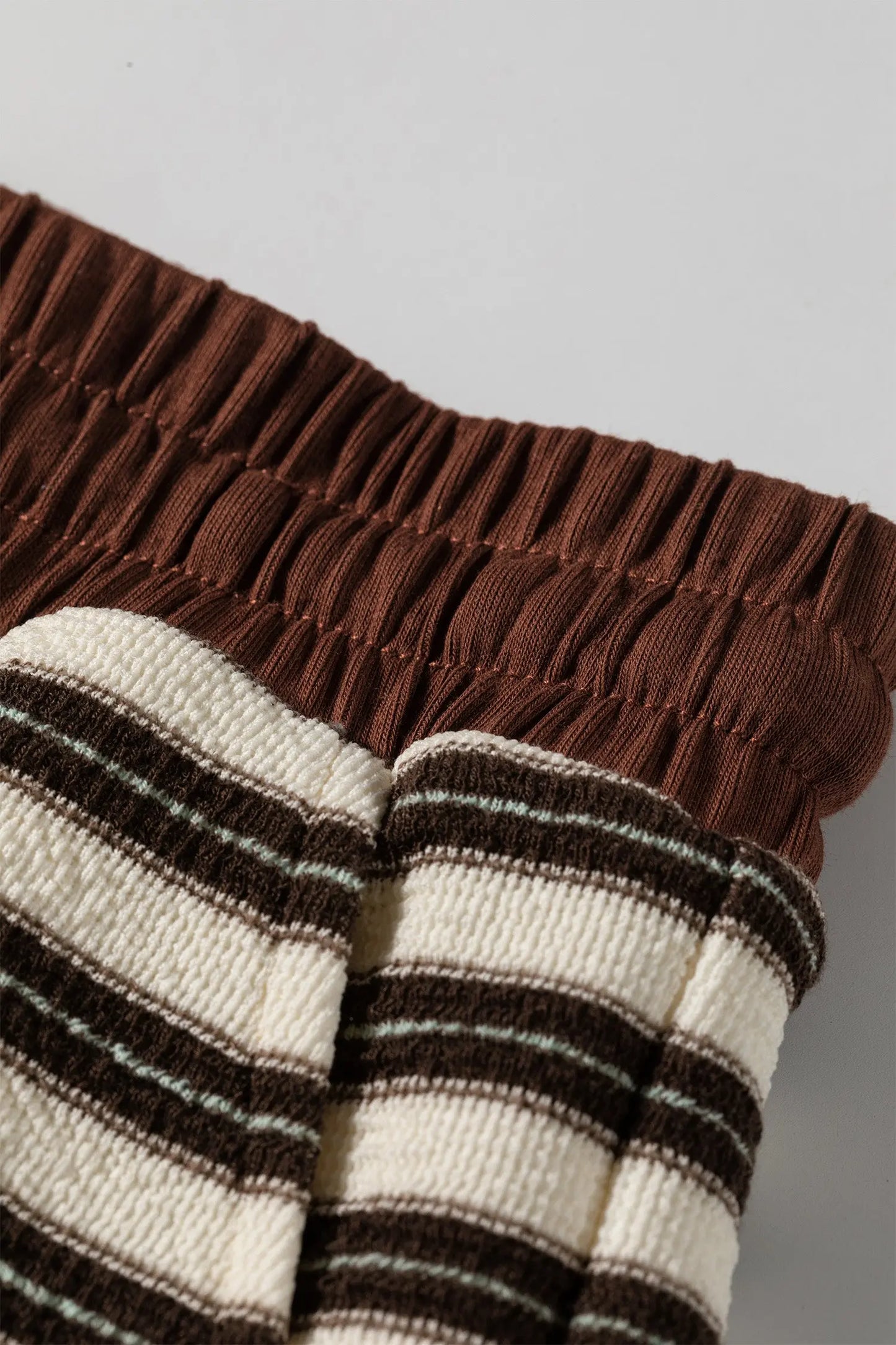 Brown Stripe Contrast Trim Button Neck Long Sleeve Top Drawstring Mini Skirt Set