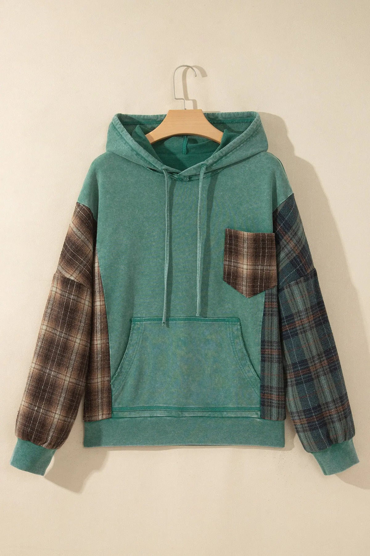 Smoke Green Plaid Colorblock Hoodie hanging view · nz-alt-v1