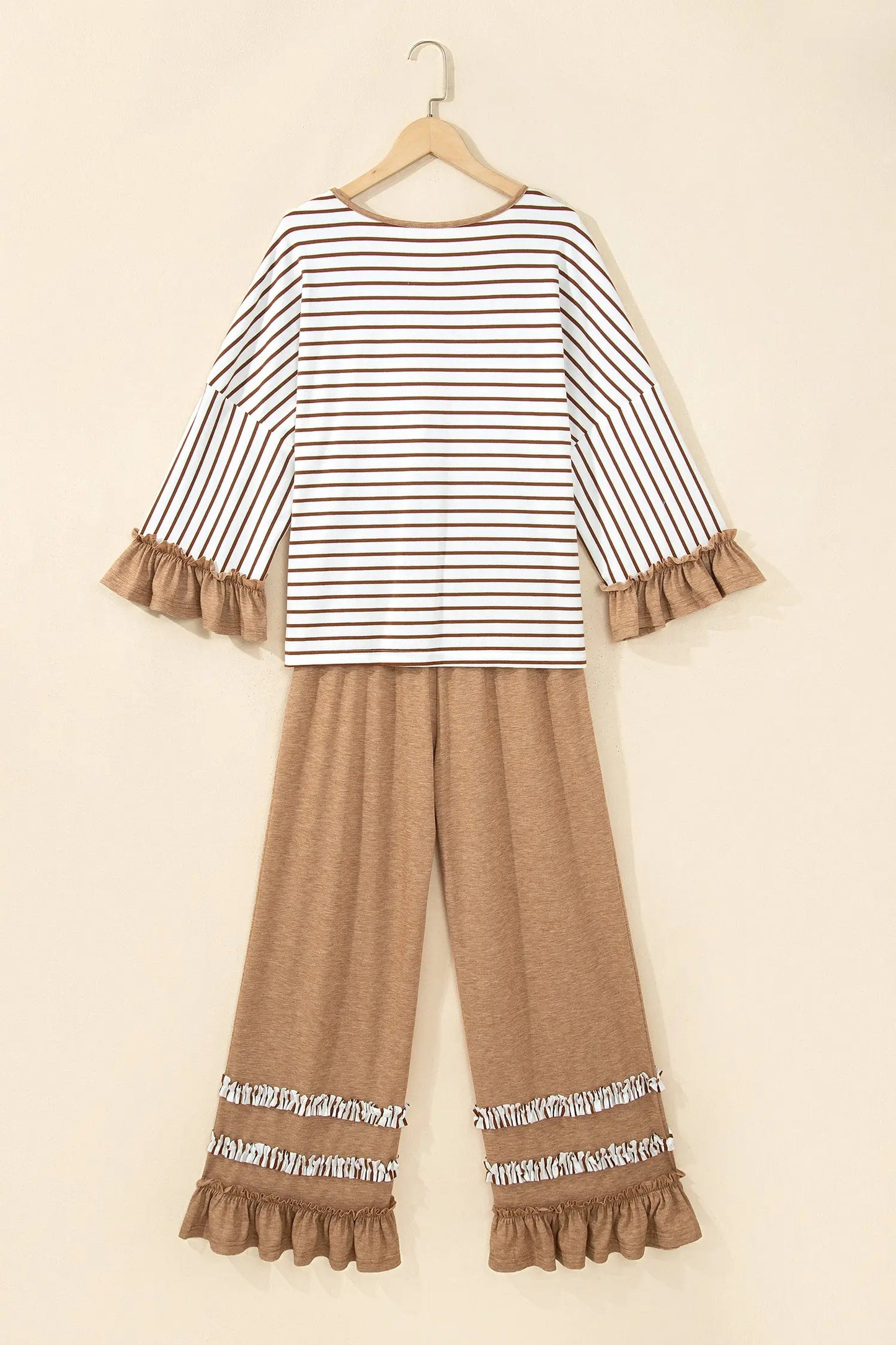 Gray Stripe V Neck Ruffle Contrast Sleeve Top Drawstring Pants 2pcs Set