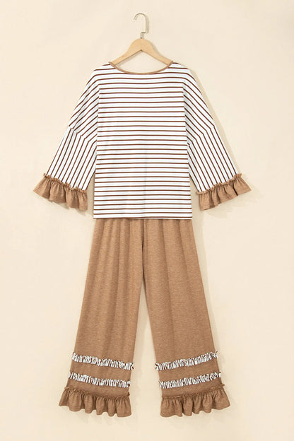 Gray Stripe V Neck Ruffle Contrast Sleeve Top Drawstring Pants 2pcs Set