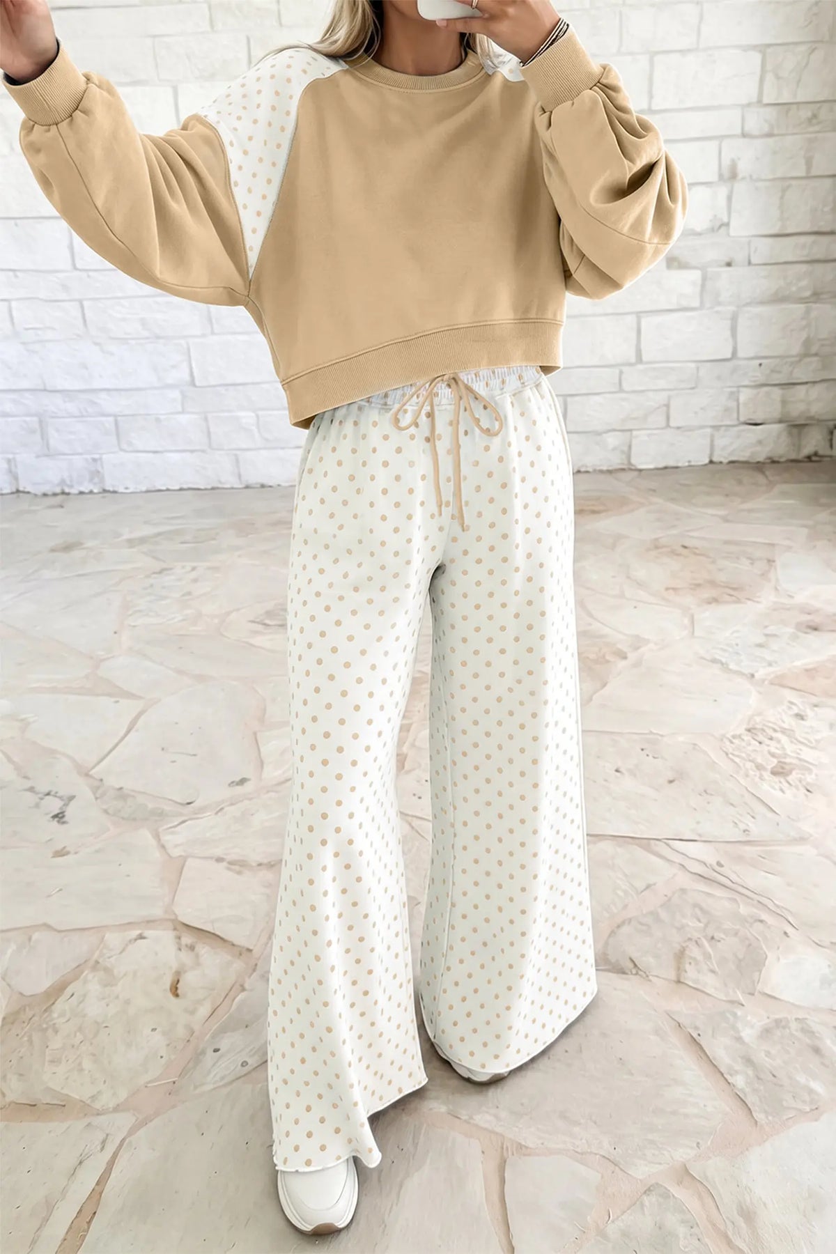Pink Polka Dot Patchwork Colorblock Long Sleeve Casual Two Piece Pants Set