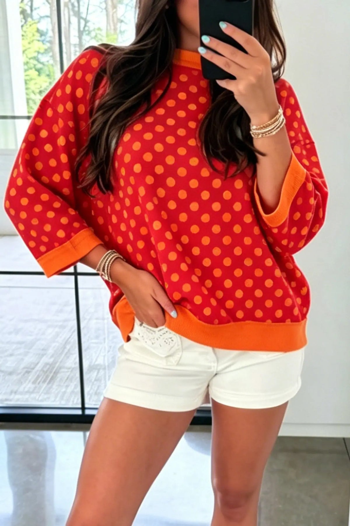 Polka Dot Print Contrast Trim Round Neck Bracelet Sleeve Top