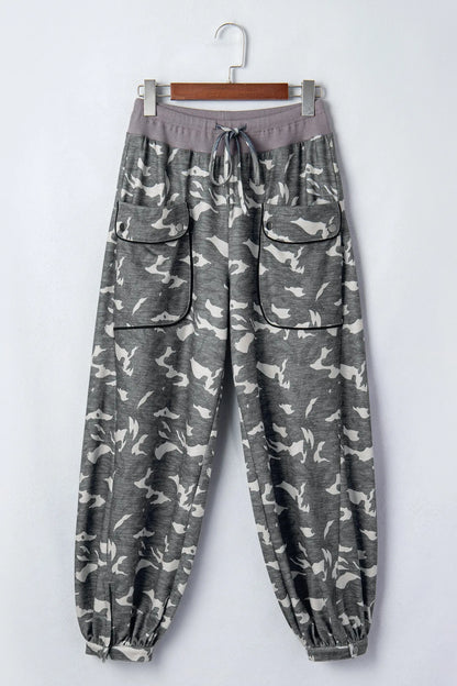 Multicolour Drawstring Contrast Waistband Camouflage Cargo Barrel Pants