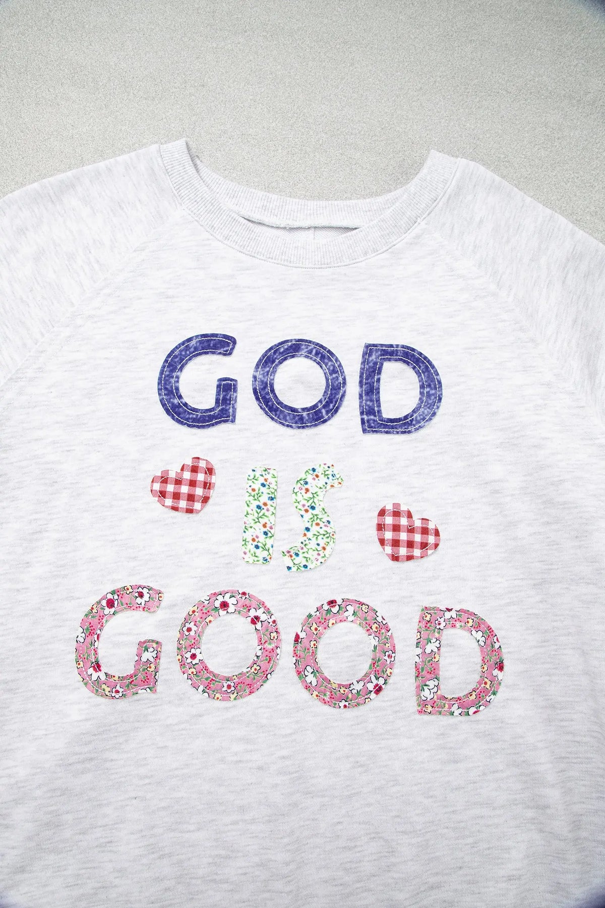 Light Grey GOD IS GOOD Patchwork Applique Relaxed 3/4 Sleeve Tunic Top