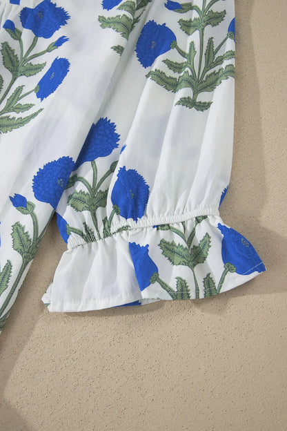 Sky Blue Casual Wild Flower Print V Neck 3/4 Sleeve Blouse Nataliz