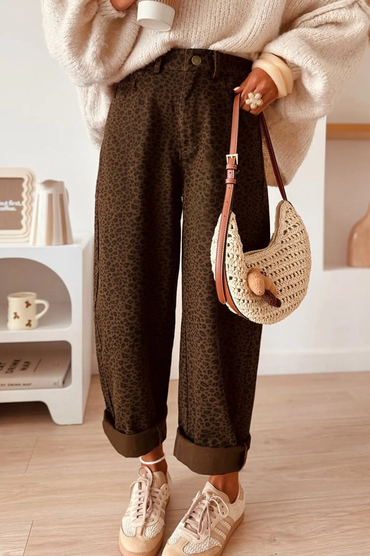 Brown Casual Leopard Print Full-Length Regular Fit Jeans