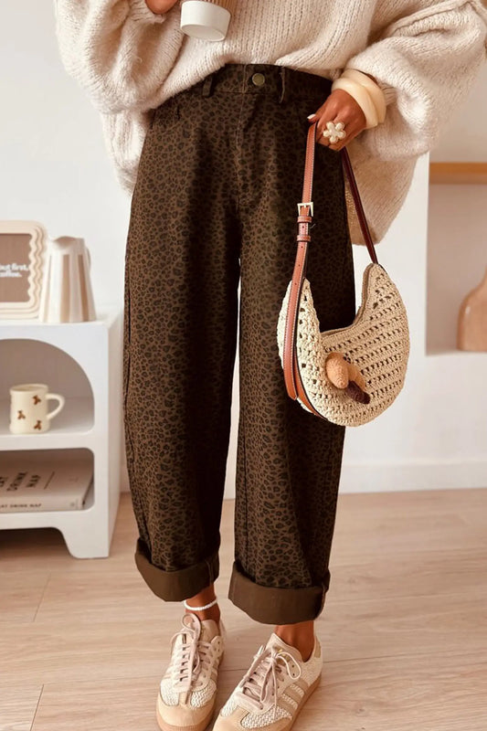 Brown Casual Leopard Print Full-Length Regular Fit Jeans model front view · nz-alt-v1