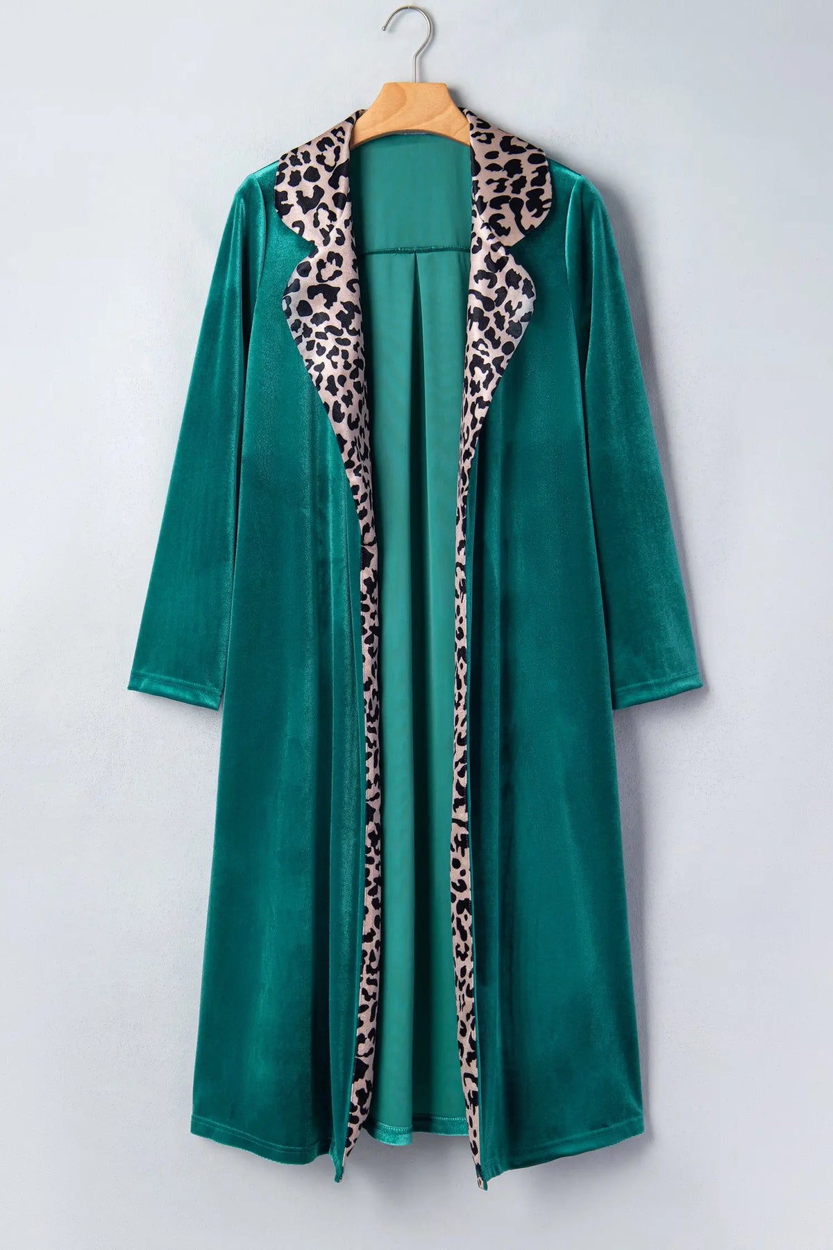 Skobeloff Velvet Contrast Leopard Print Lapel Collar Open Front Cardigan