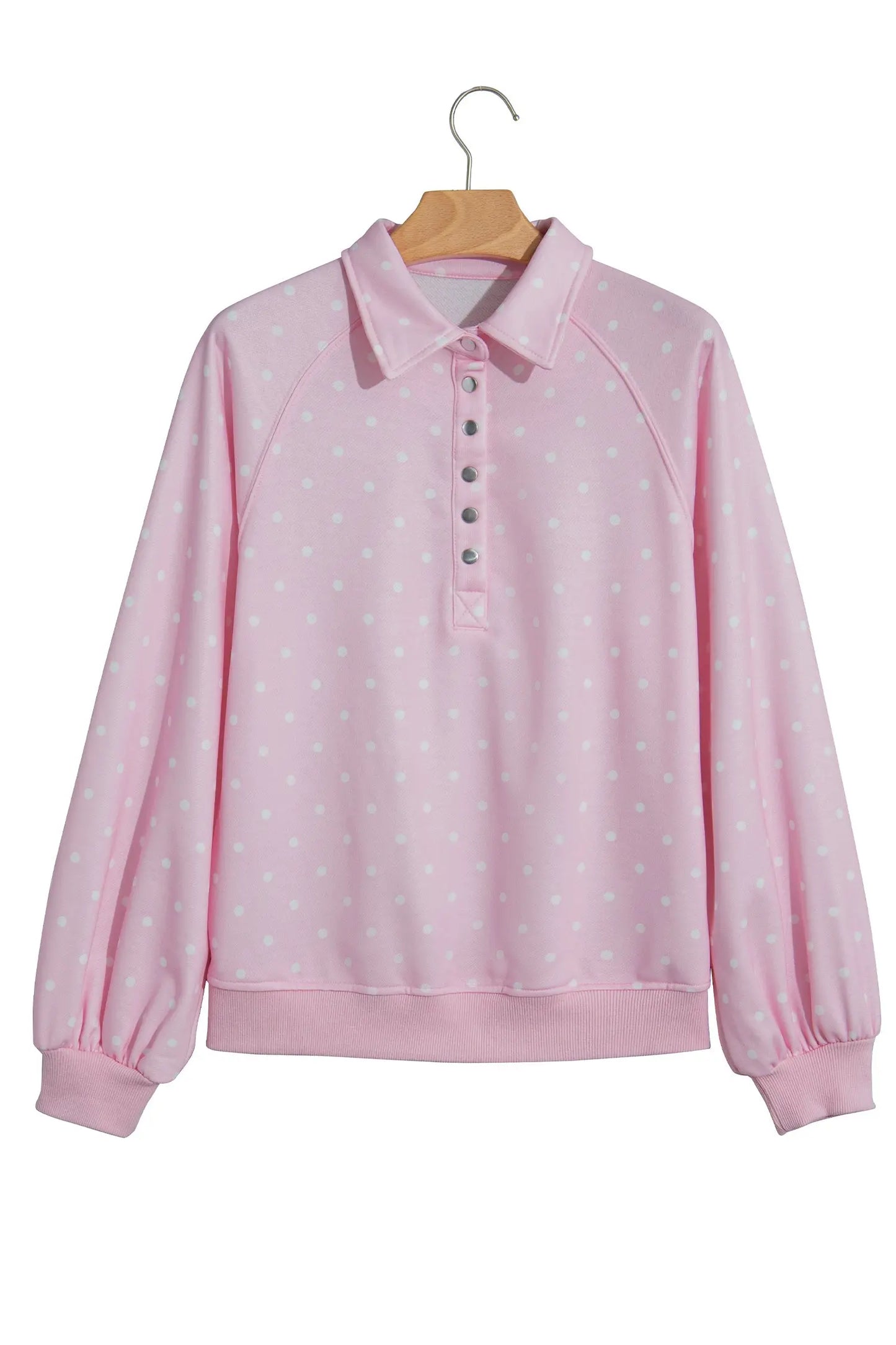 Pink Polka Dot Print Metal Button Collar Casual Pullover Sweatshirt
