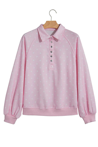 Pink Polka Dot Print Metal Button Collar Casual Pullover Sweatshirt