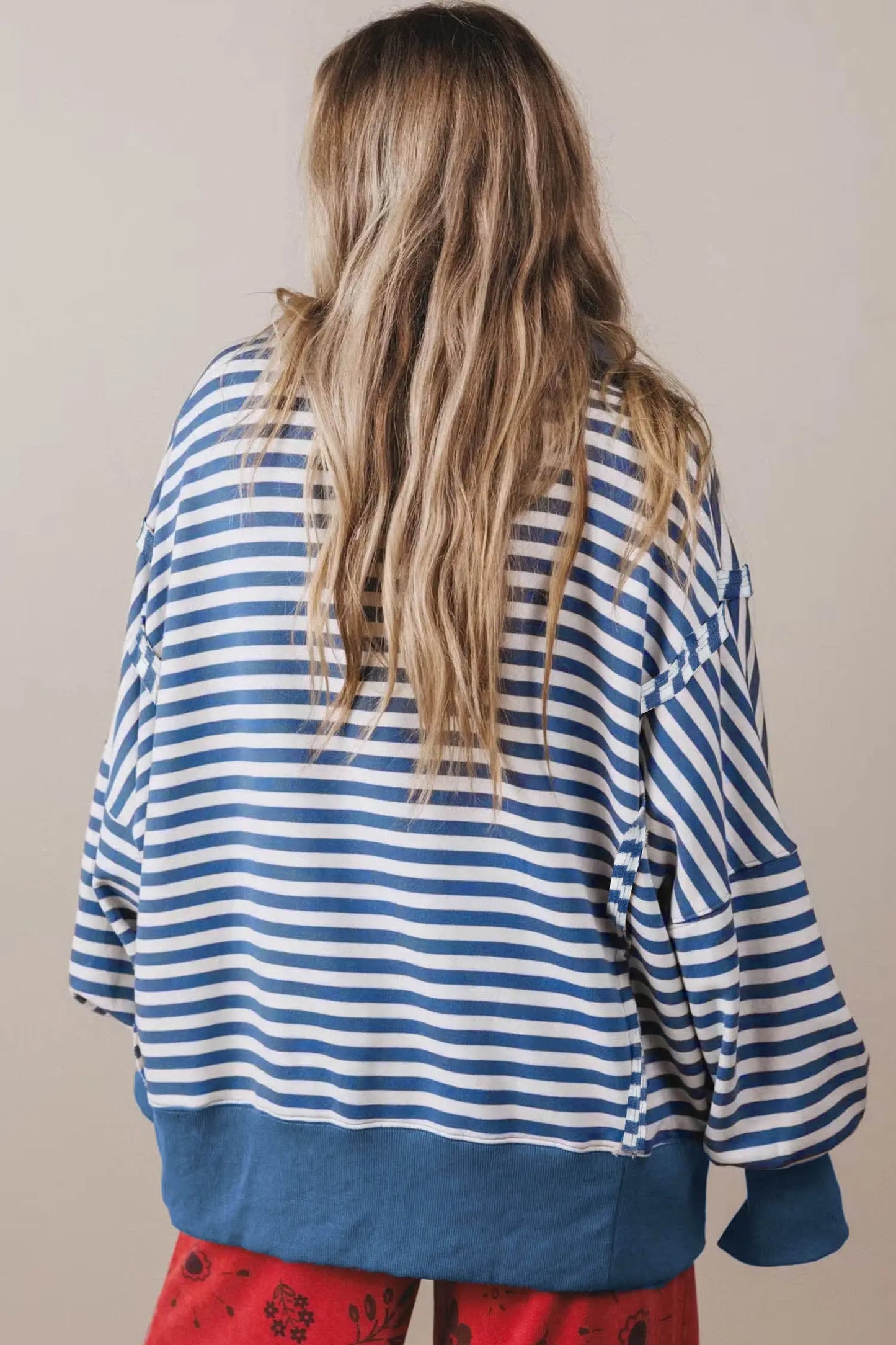 Blue Stripe Color Block Trim Raw Seam Split Hem Loose Pullover Sweatshirt