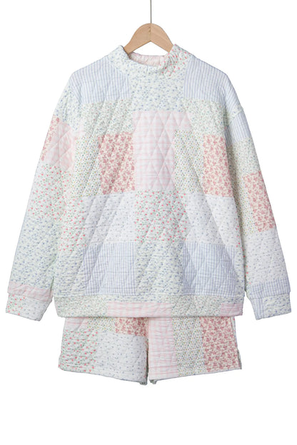 Multicolour Floral Quilted Mock Neck Top and Short Set