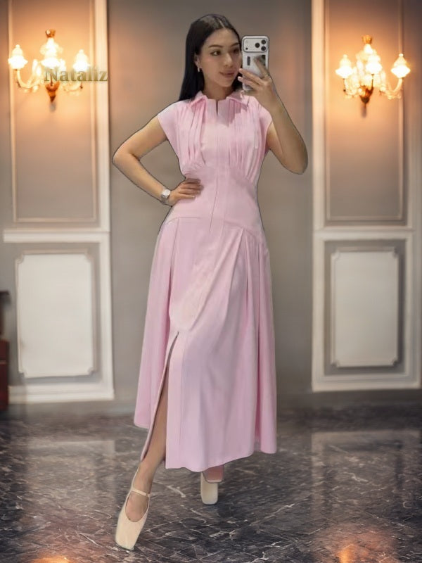 Pleated Cap Sleeve Maxi Shirt Dress model front view