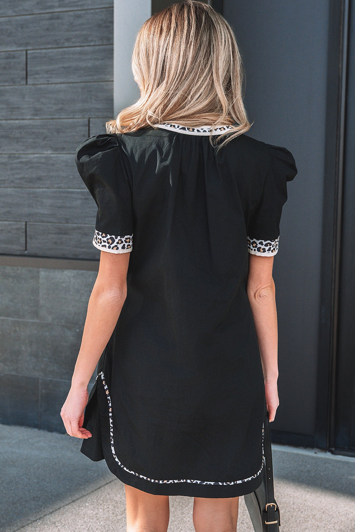 Cotton Black Leopard Trim Notched Neck Short Puff Sleeve Shift Mini Dress