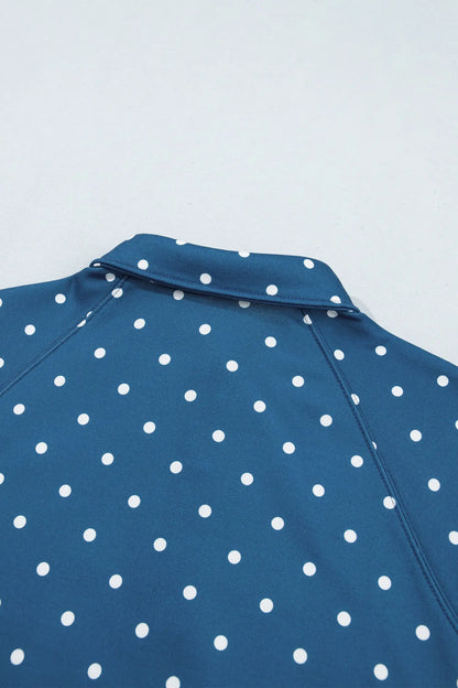 Pink Polka Dot Print Metal Button Collar Casual Pullover Sweatshirt