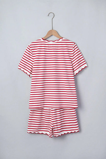 Red Stripe Scallop Trim Casual Top 2pcs Short Set