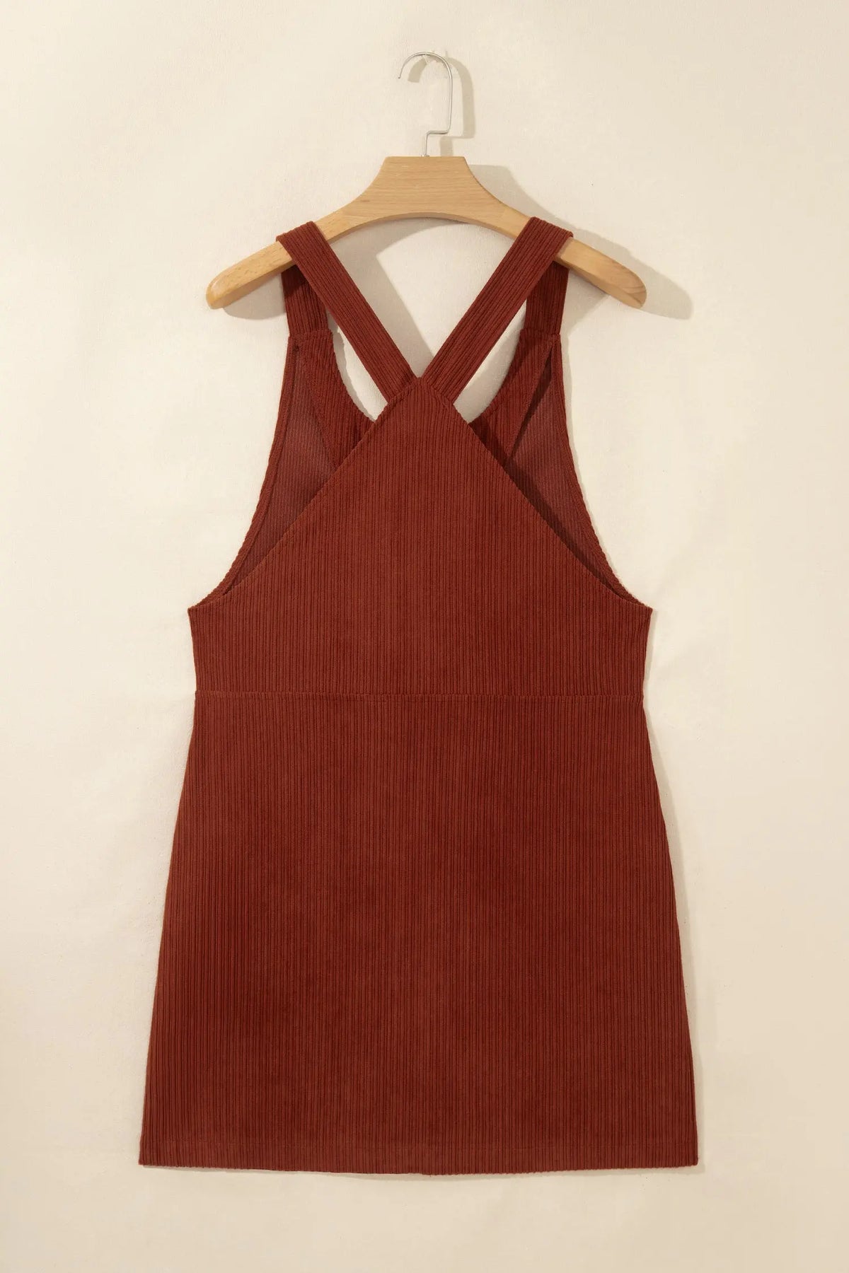 Clay Ribbed Corduroy Zip-Up Sleeveless Pocket Sheath Dress back hanging view · nz-alt-v1