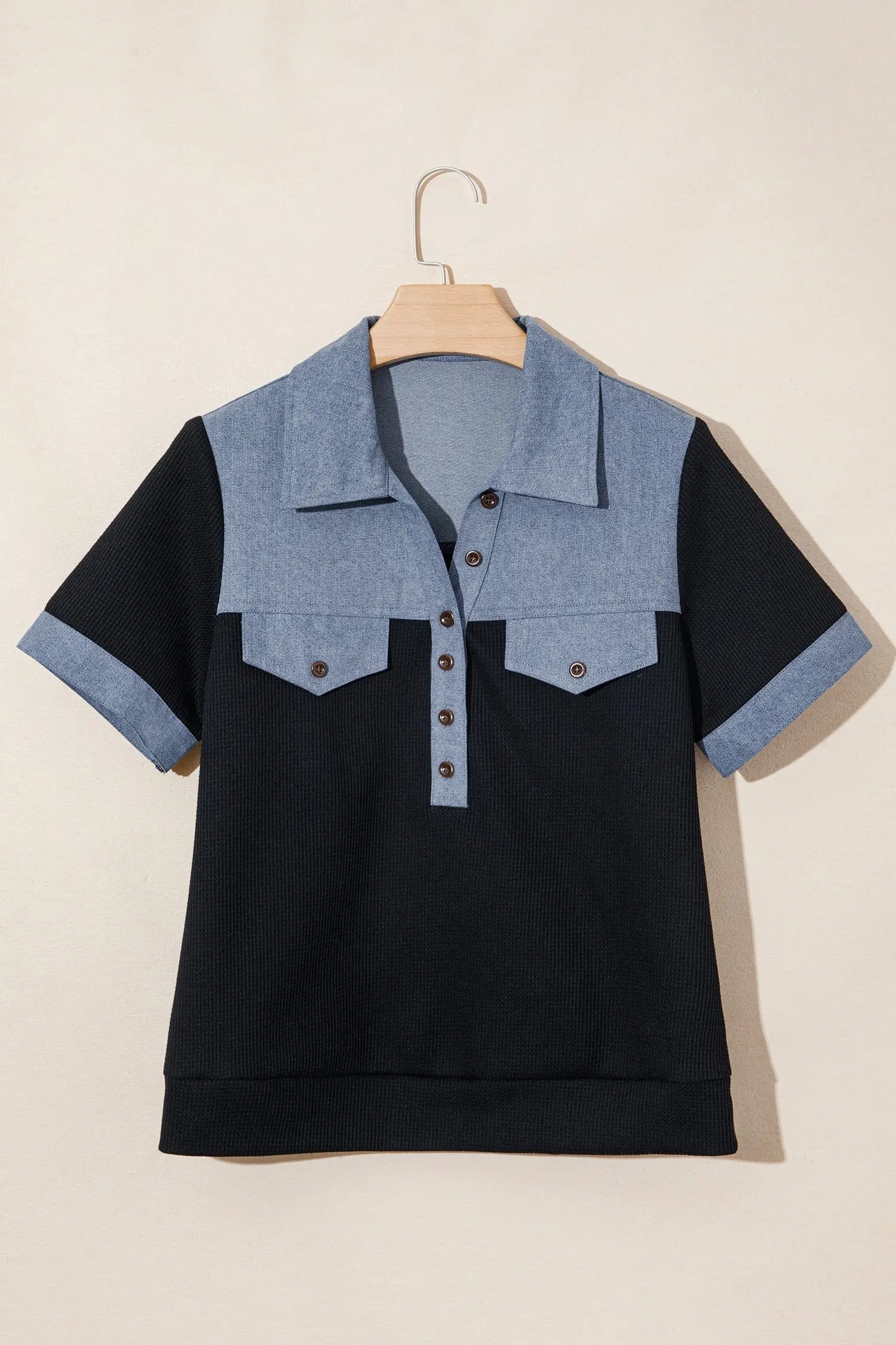 Black Waffle Knit Denim Color Block Patchwork Button Flap Polo Top - Tops