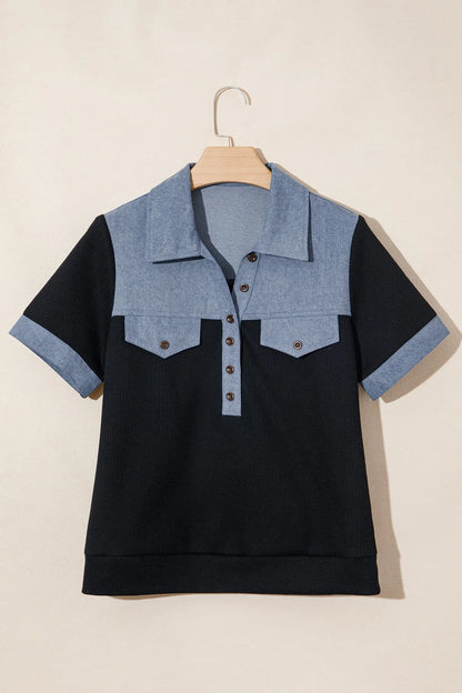 Black Waffle Knit Denim Color Block Patchwork Button Flap Polo Top - Tops