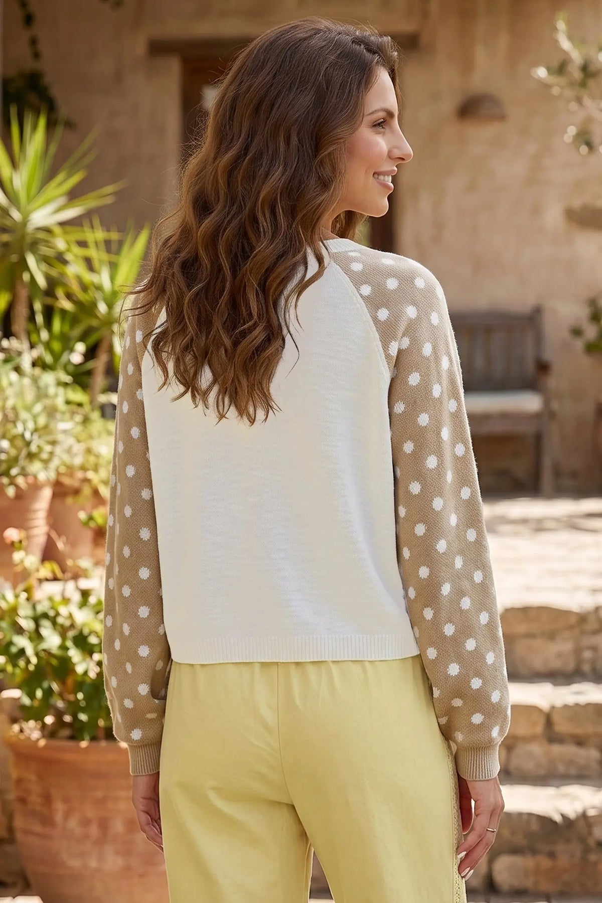 Khaki Polka Dot Contrast Long Sleeve Button V Neck Sweater model back view · nz-alt-v1