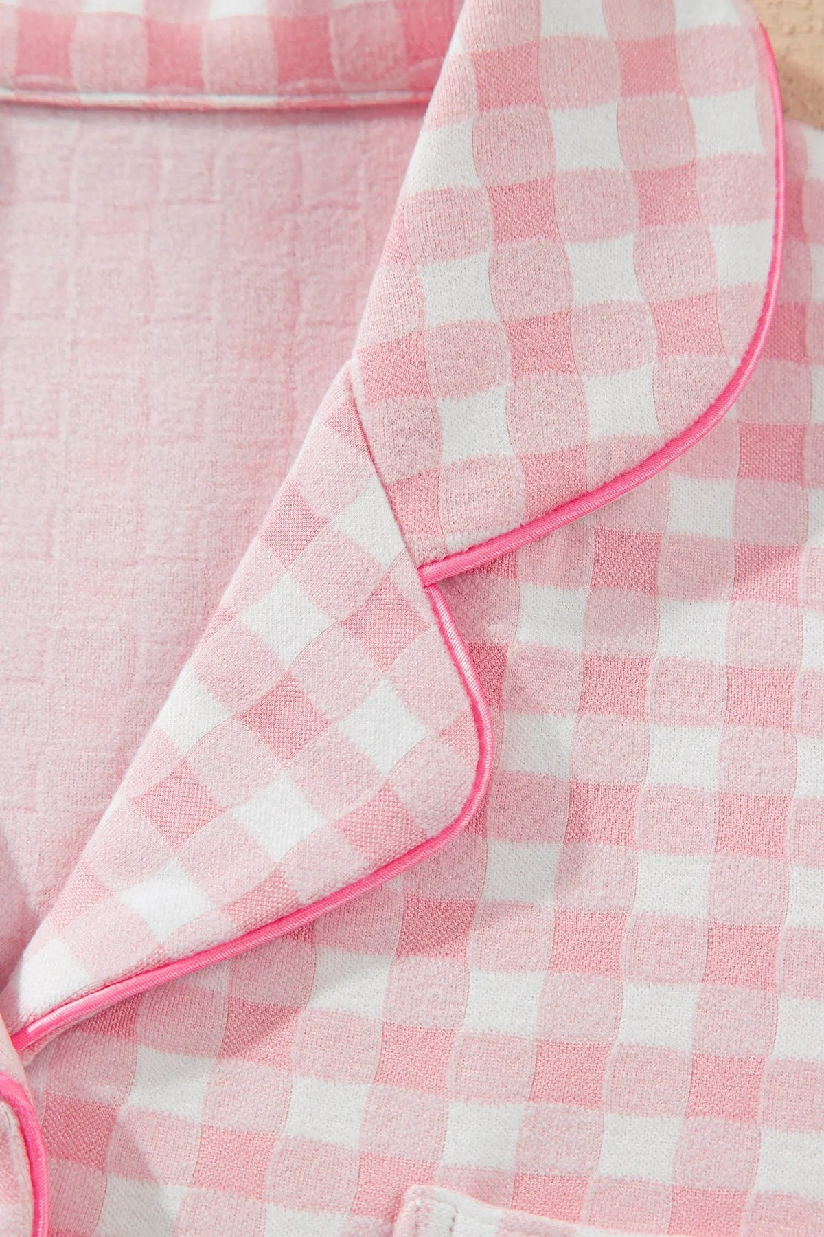 Pink Gingham Long Sleeve Lapel Shirt 2pcs Pajama Pant Set detail view · nz-alt-v1