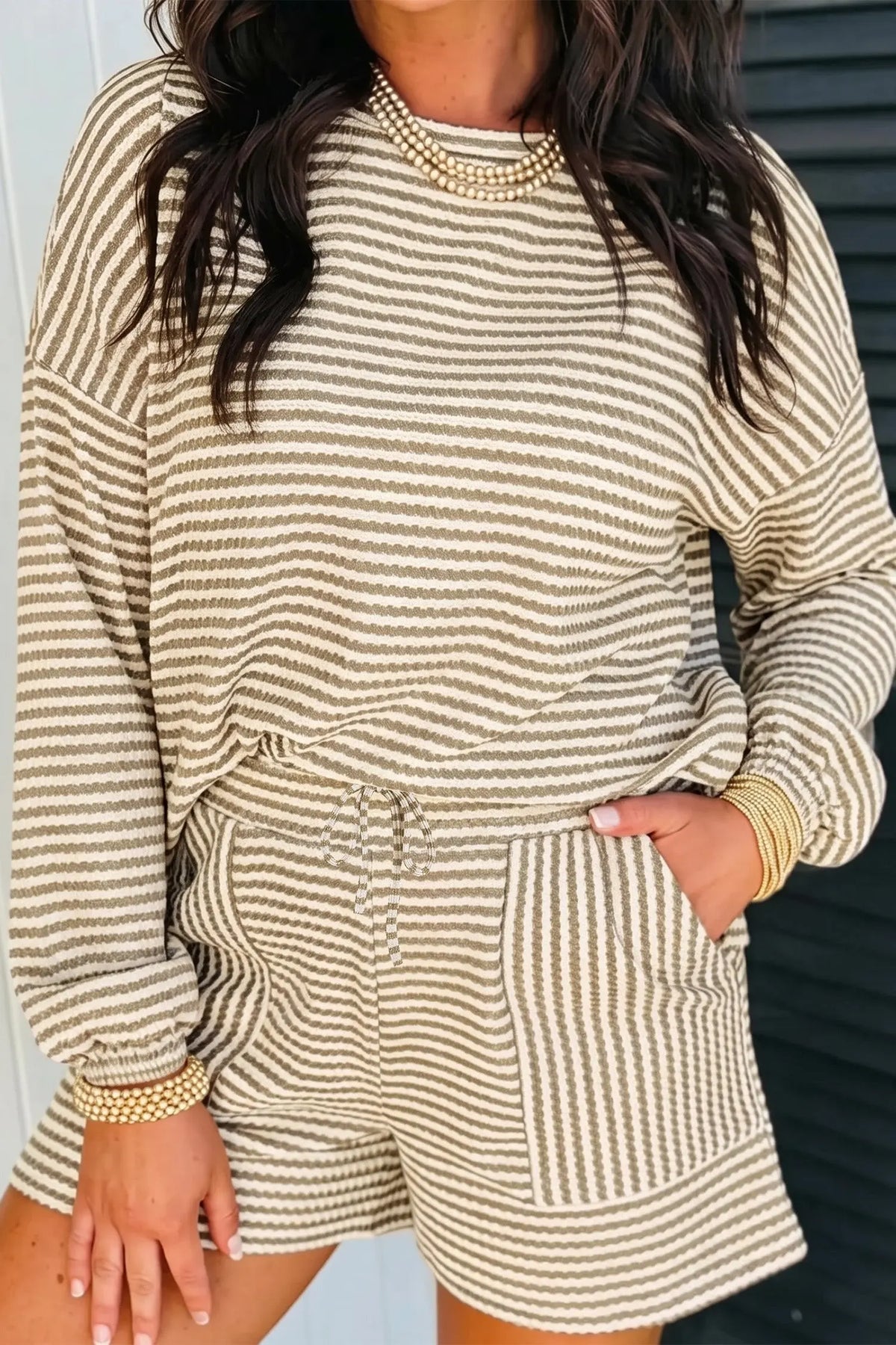 Stripe textured knit long sleeve top and elastic waist shorts set light brown model front view · nz-alt-v1