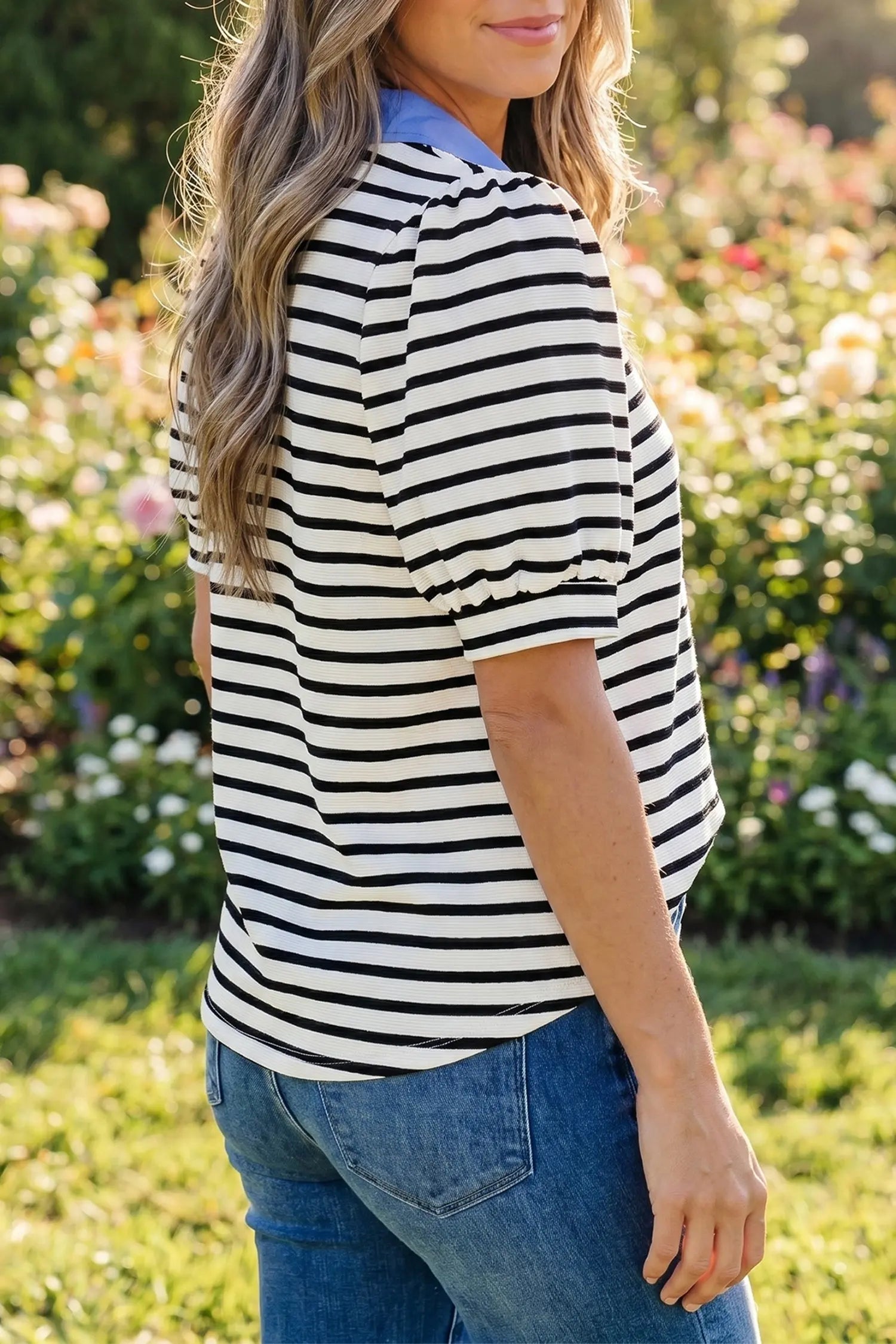 Blue Stripe Short Puff Sleeve Color Block Polo Collar Blouse Nataliz