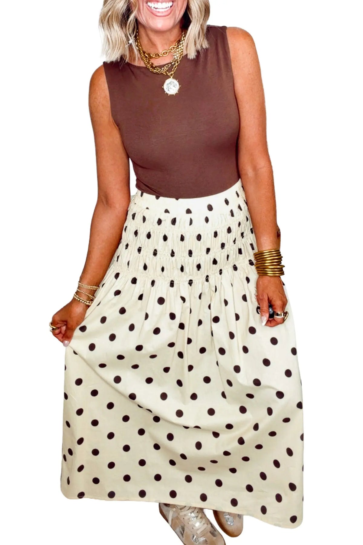 Beige Stripe Polka Dot Print Smocked High Waist Long Skirt model front view · nz-alt-v1