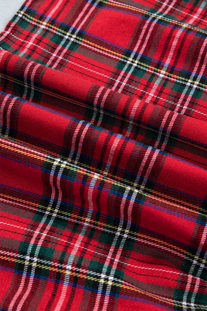 Red Plaid Knot Neck Short Sleeve Mini Shift Dress