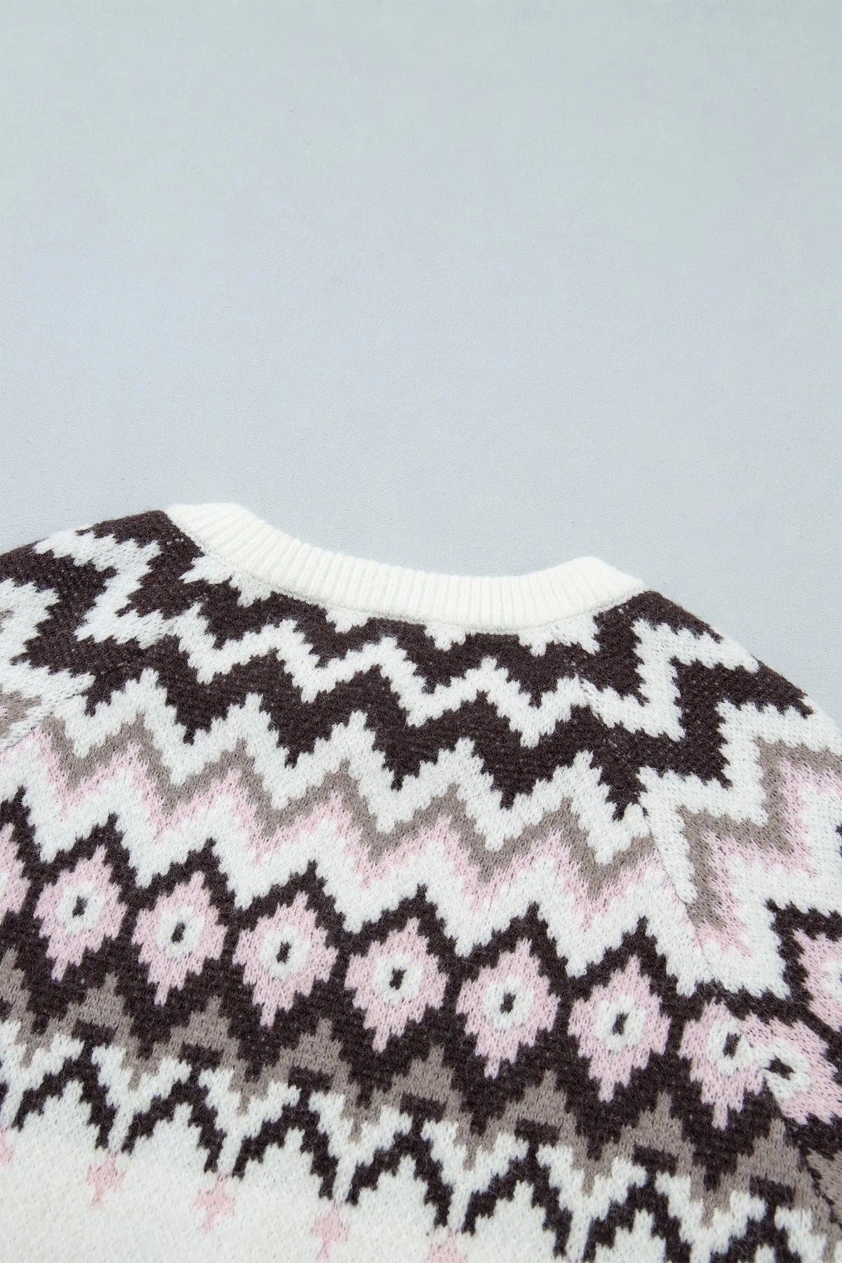 White Geometric Pattern Brushed Knit Button Cardigan