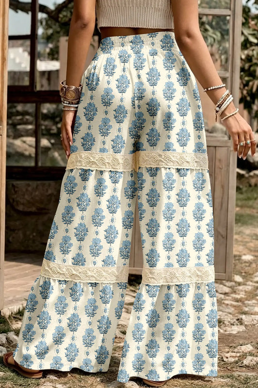 Sky Blue Floral Print Lace Patchwork Detail Wide Leg Pants model back view · nz-alt-v1