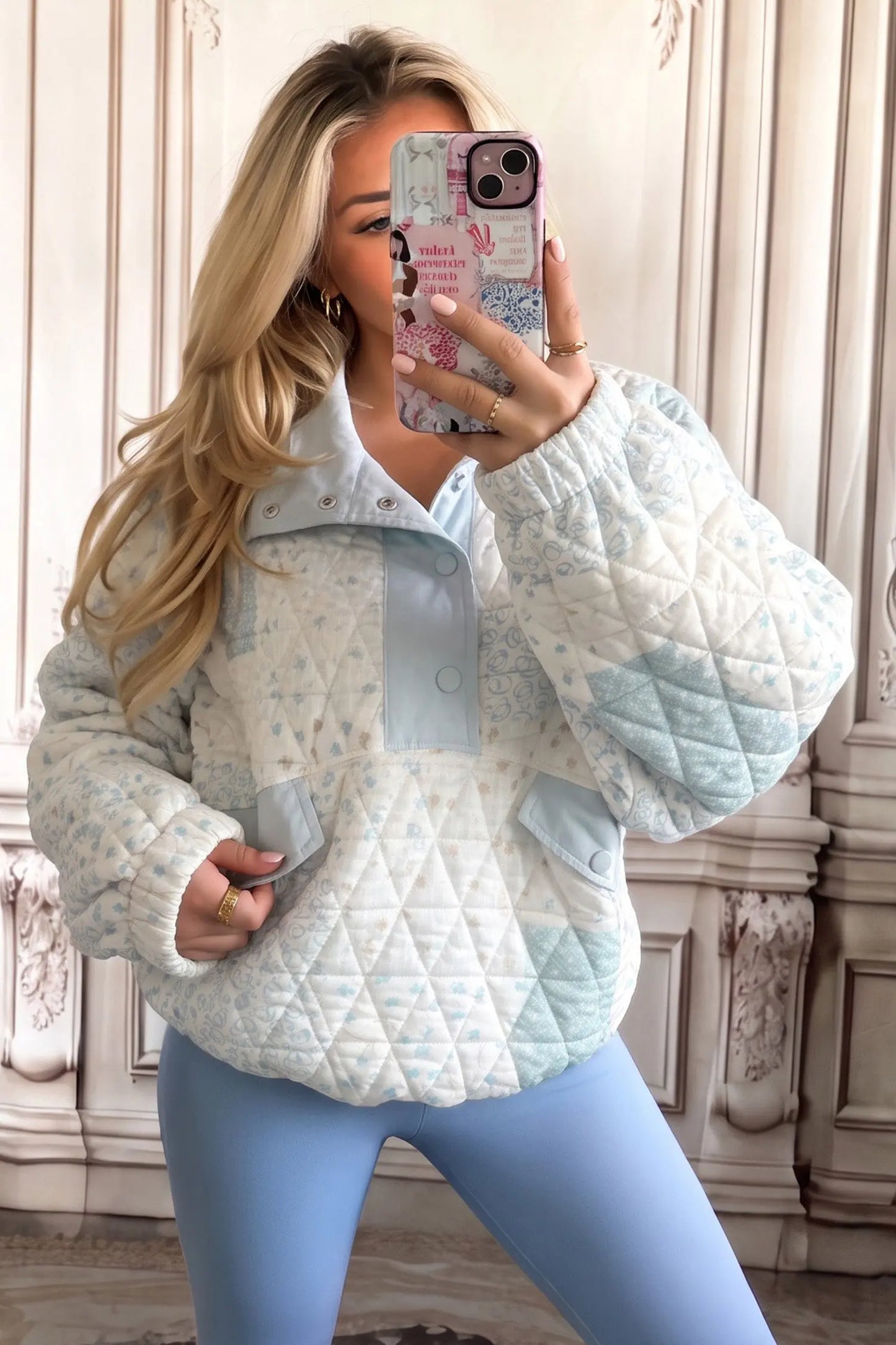 Pink Floral Quilted Half Button Pocketed Pullover Sweatshirt