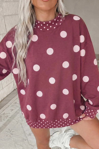 Brown Polka Dot Print Contrast Detail Oversized Tunic Sweatshirt