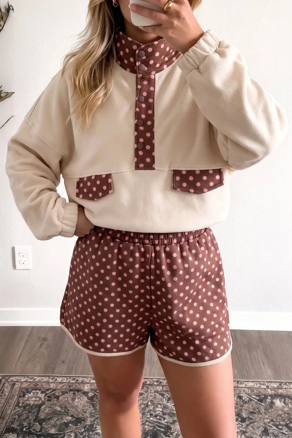 Brown polka dot pullover and shorts 2pcs set model front view · nz-alt-v1