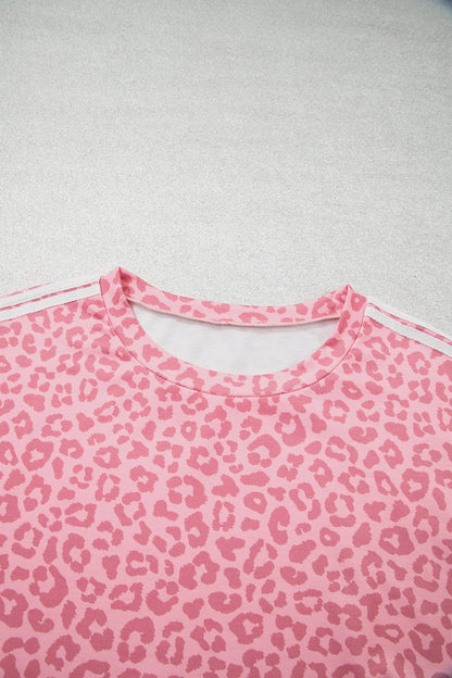 Apricot Leopard Print Varsity Striped Detail 3/4 Sleeve Top Shift Pant Set