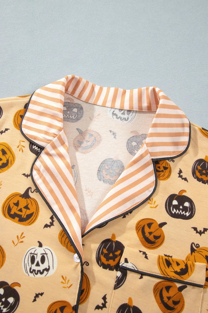 Orange Halloween Pumpkin Print Two Piece Long Sleeve Lounge Set