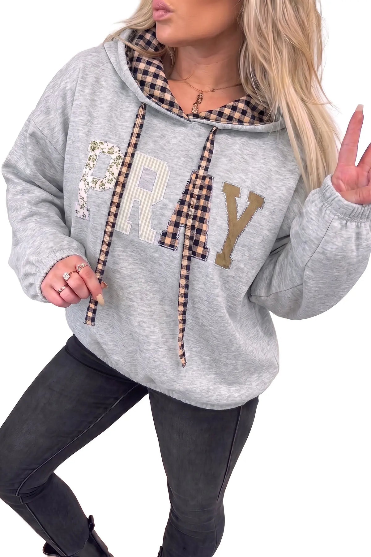 PRAY Mix Pattern Letter Graphic Plaid Contrast Drawstring Hoodie