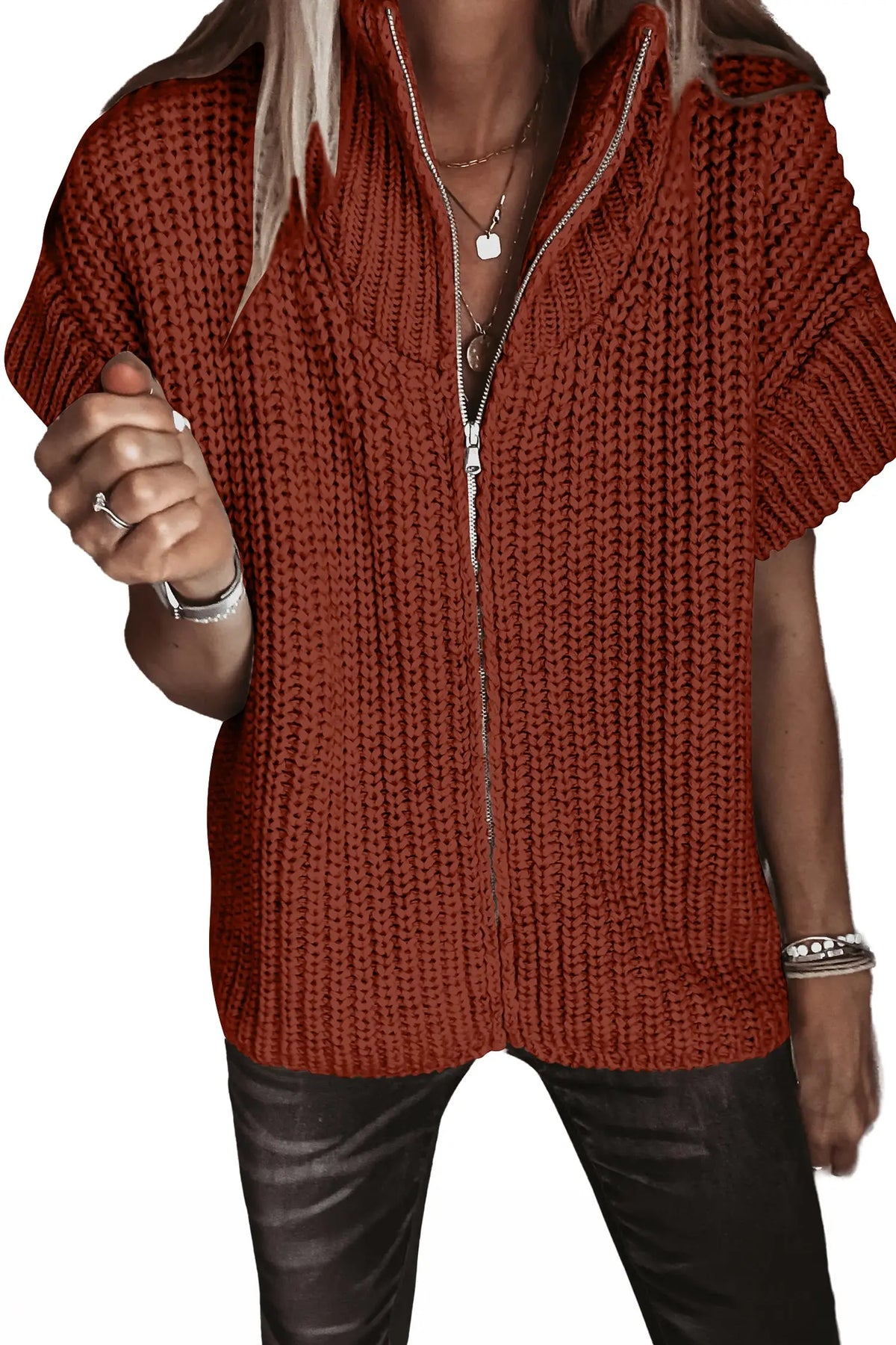 Cinnamon short sleeve zipper knit high neck sweater, model front view · nz-alt-v1