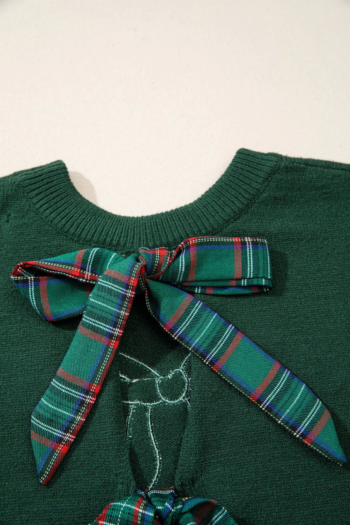 Blackish Green Plaid Bow Detail Drop Shoulder Christmas Sweater