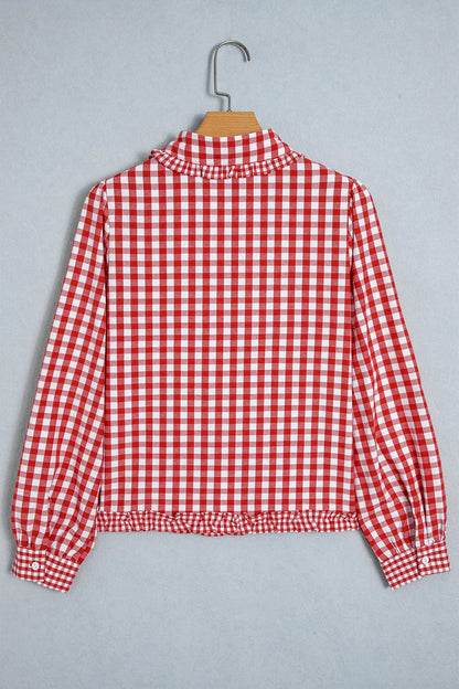 Red Plaid Long Sleeve Button Down Frill Detail Casual Shirt