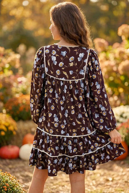Brown Floral Print Shirred V Neck Shift Dress
