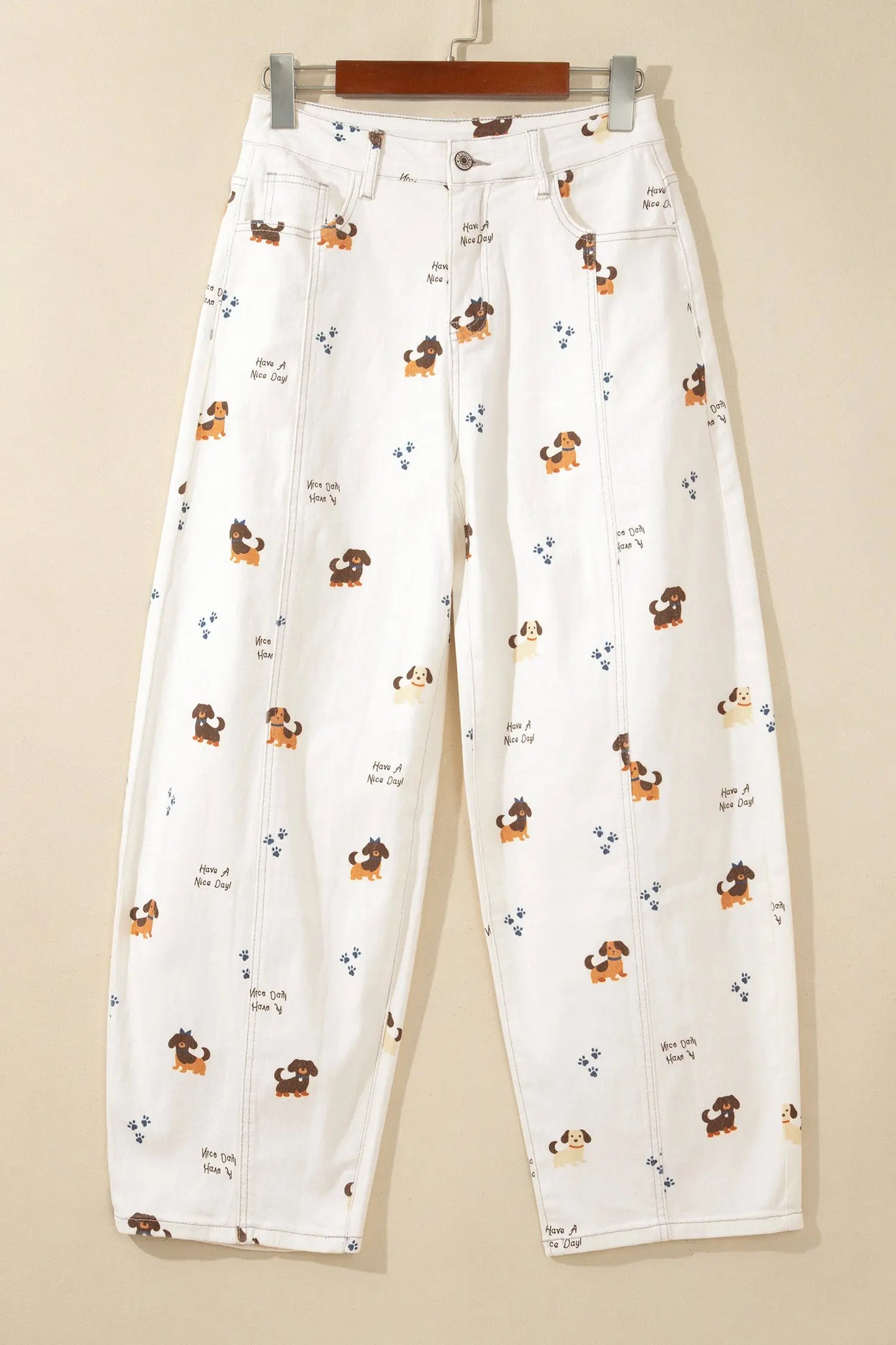 White Abstract Dog Print Wide Leg Full-Length Jeans