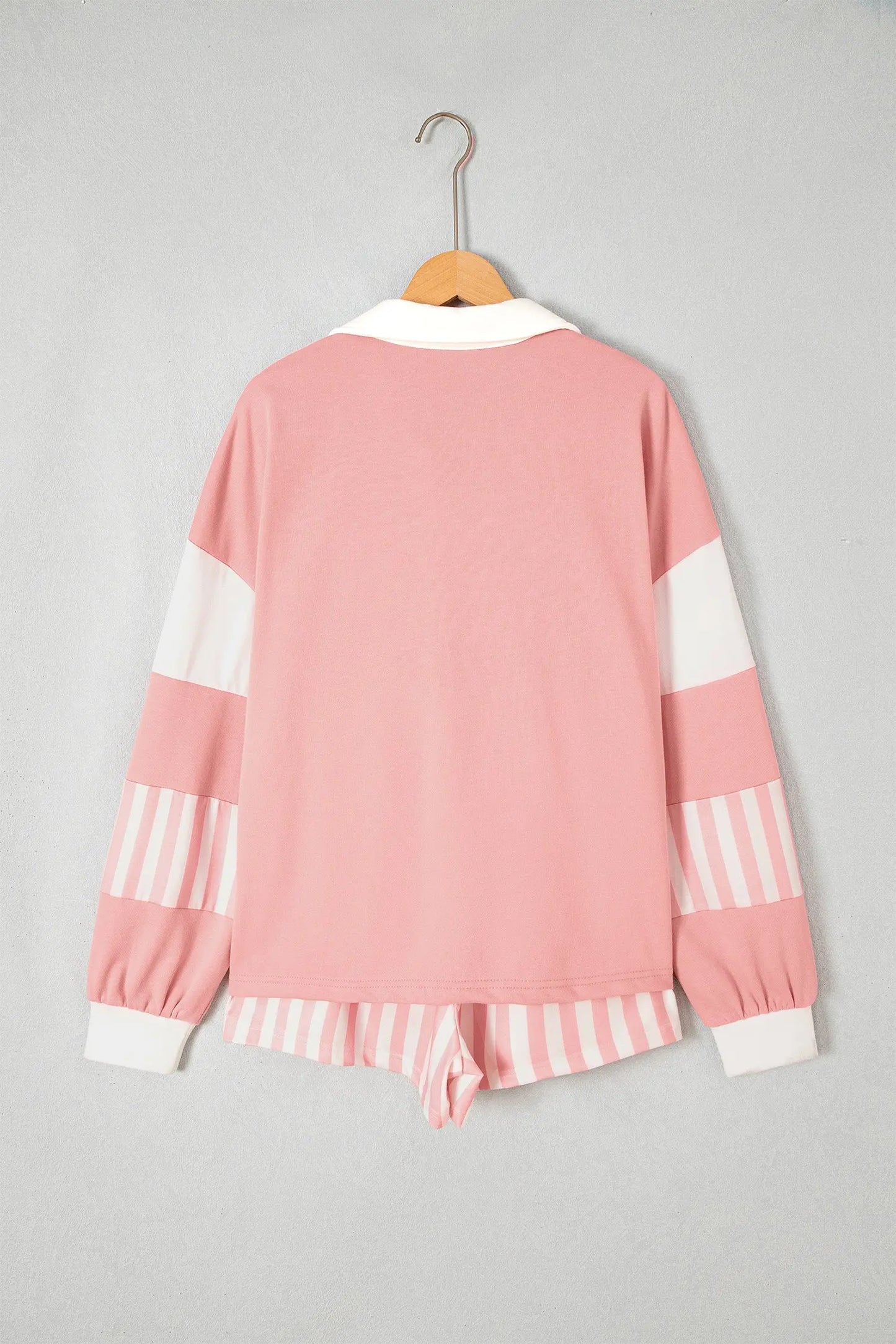 Gossamer Pink Striped Color Block Pullover Top Drawstring Shorts Set