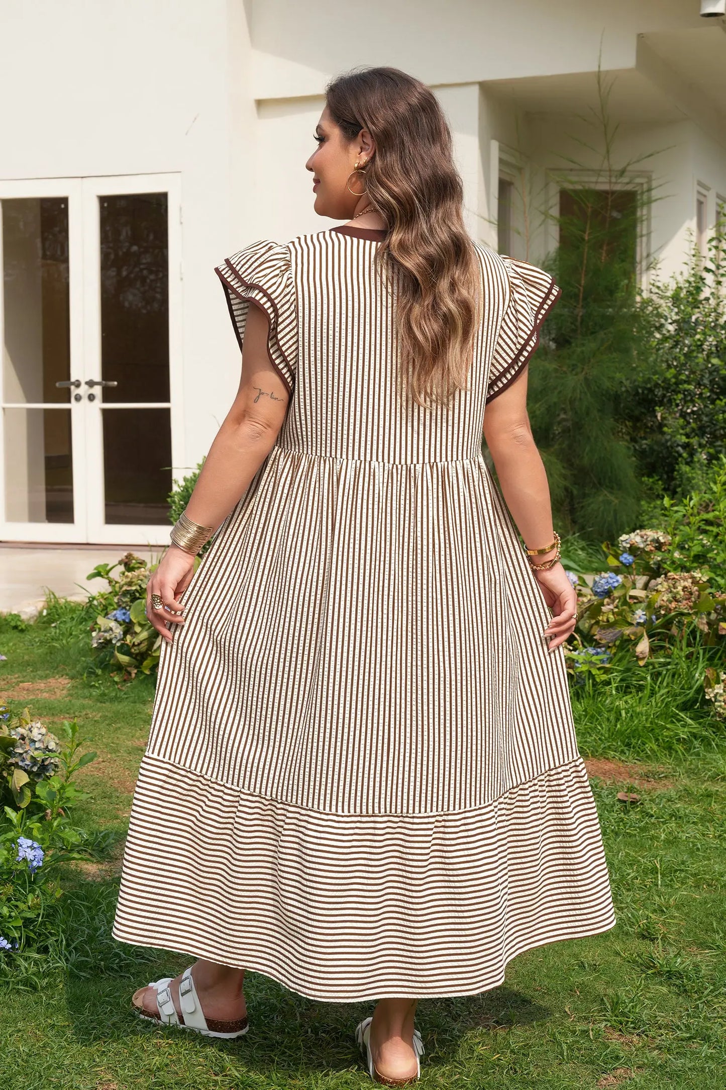 Black Stripe Plus Size Slit V Neck Tiered Flutter Sleeve Maxi Dress Nataliz