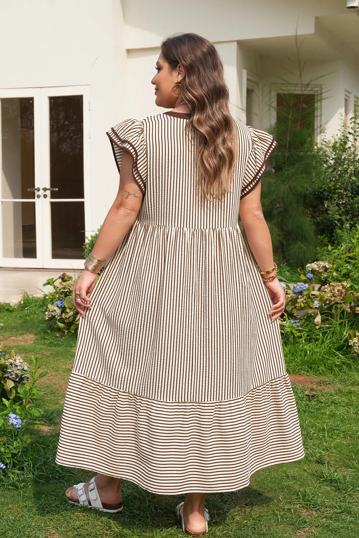 Black Stripe Plus Size Slit V Neck Tiered Flutter Sleeve Maxi Dress Nataliz