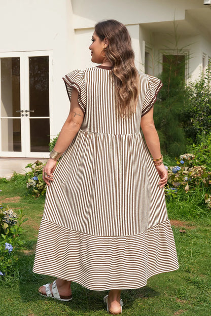 Black Stripe Plus Size Slit V Neck Tiered Flutter Sleeve Maxi Dress Nataliz