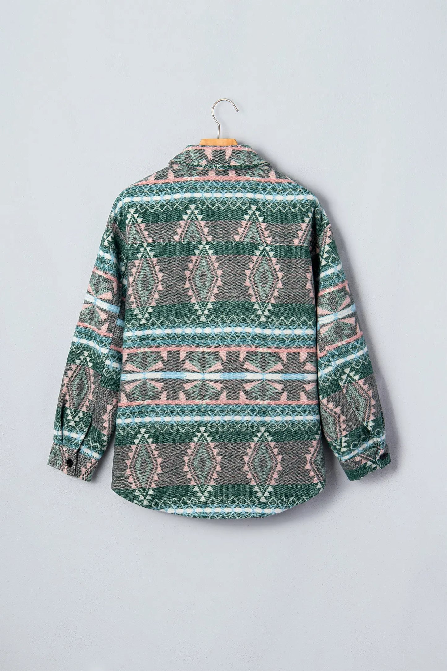 Green Geometric Print Button Front Long Sleeve Shacket